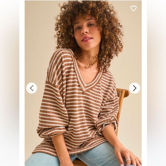 ALTAR’D STATE XS White Tan Soft Striped Kameron Urban Ribbed V-Neck Tunic Top - Picture 6 of 16